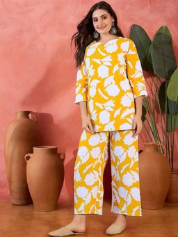 Gahan - Womens Yellow Floral Printed Pure Cotton Co-Ord Set