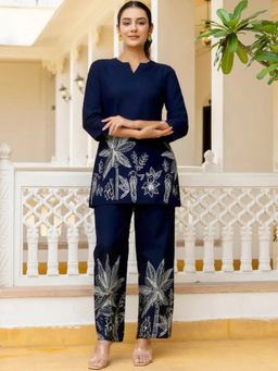 Gahan - Womens Navy Blue Floral Pure Cotton Printed Co-Ord Set