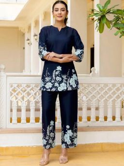 Gahan - Womens Navy Blue Floral Pure Cotton Printed Co-Ord Set