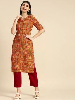 Gahan - Womens Orange Printed Regular Kurta with Pant
