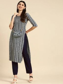 Gahan - Womens Navy Blue Printed Regular Kurta with Pant