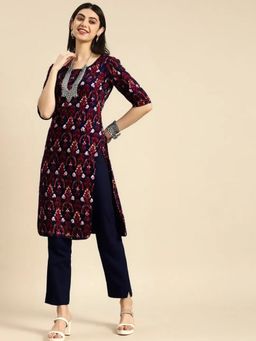 Gahan - Womens Navy Blue Printed Regular Kurta with Pant