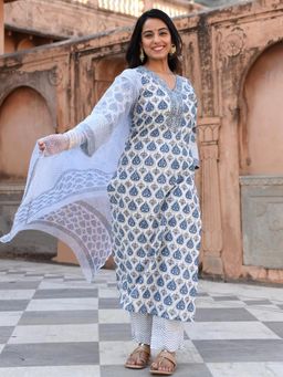 Gahan - Womens Blue Printed Kurta & Pant with Dupatta