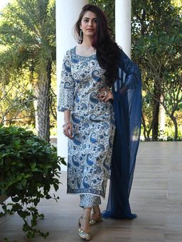 Gahan - Womens White Printed Kurta and Pant with Dupatta