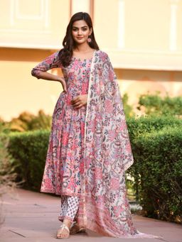 Gahan - Womens Pink Floral Printed Anarkali Kurta and Pant with Dupatta