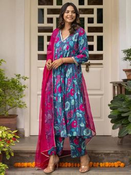 Gahan - Womens Blue Floral Printed Anarkali Kurta and Pant with Dupatta