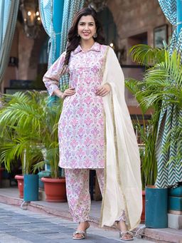Gahan - Womens Multi-Color Printed Muslin Kurta and Pant with Dupatta