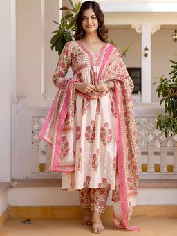 Gahan - Womens Pink Printed Muslin Kurta and Pant with Dupatta