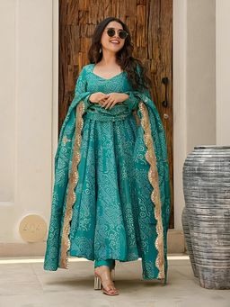 Gahan - Womens Teal Printed Muslin Kurta and Pant with Dupatta