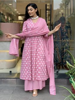 Gahan - Womens Pink Printed Muslin Anarkali Kurta and Palazzo with Dupatta