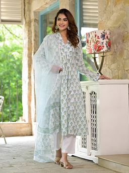 Gahan - Womens White Printed Muslin Anarkali Kurta and Pant with Dupatta