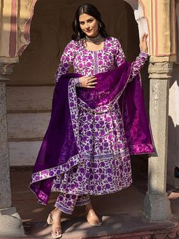 Gahan - Womens Purple Printed Muslin Anarkali Kurta and Pant with Dupatta