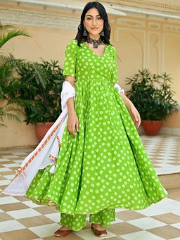 Gahan - Womens Green Printed Muslin Anarkali Kurta and Pant with Dupatta