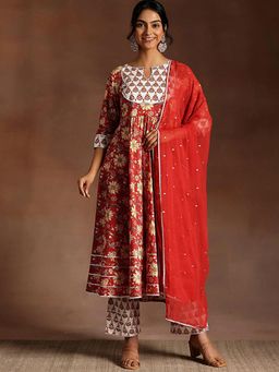 Gahan - Womens Red Printed Muslin Anarkali Kurta and Pant with Dupatta