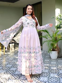 Gahan - Womens White Floral Printed Muslin Anarkali Kurta and Pant with Dupatta