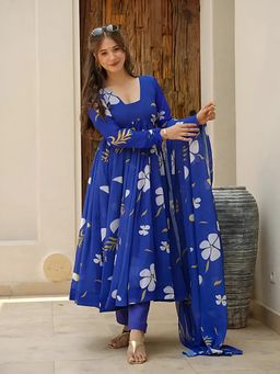 Gahan - Womens Blue Floral Printed Muslin Anarkali Kurta and Pant with Dupatta