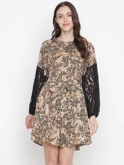 Oxolloxo - Brick Brown Floral Printed Sleeve Lace Fabric Women Dress