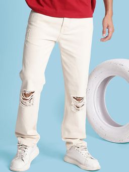 Bene Kleed - Men Ecru Knee Slash Relax Fit Jeans Cream