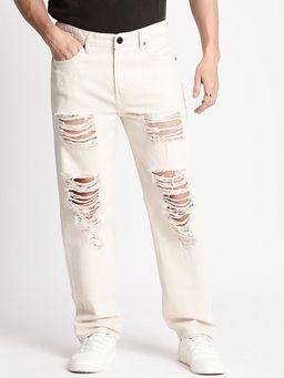 Bene Kleed - Men Ecru Heavy Distress Relaxed Jeans