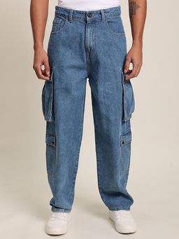 Bene Kleed - Men Non Stretchable Pure Cotton Clean Look Mid Rise Baggy Fit Cargo Jeans Blue