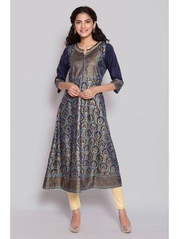 Aurelia - Navy Blue Foil Print Flared Dress