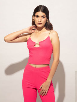 Twenty Dresses by Nykaa Fashion - Basics Fuchsia Textured Chainlink Crop Tshirt