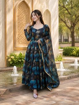 Anveri Textiles - Blue Georgette Floral Gown with Dupatta