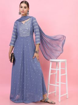 VISHUDH - Blue Polyester Embroidered Dress with Dupatta