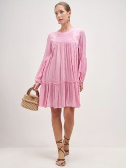 VISHUDH - Pink Viscose Rayon Embroidered Dress