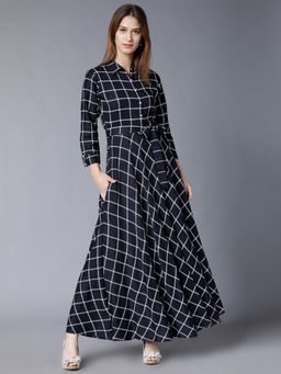 VISHUDH - Navy Blue Viscose Rayon Checks Dress