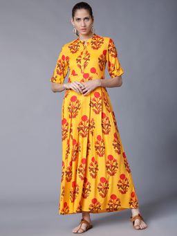 VISHUDH - Yellow Viscose Floral Dress