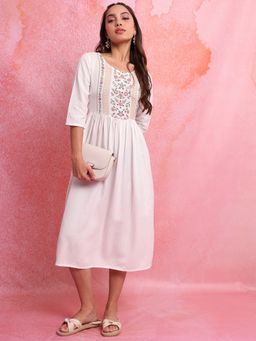 VISHUDH - Off White Cotton Floral Dress