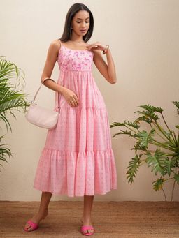 VISHUDH - Pink Cotton Blend Embroidered Dress