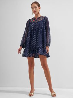 VISHUDH - Navy Blue Polyester Embroidered Dress
