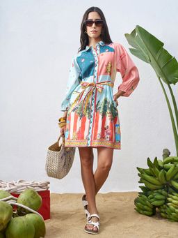 VISHUDH - Blue Viscose Rayon Graphic Dress with Belt
