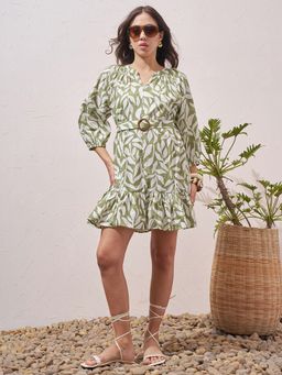 VISHUDH - Green Cotton Floral Dress