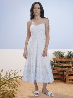 VISHUDH - White Cotton Embroidered Dress