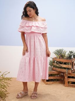 VISHUDH - Pink Cotton Self Design Dress