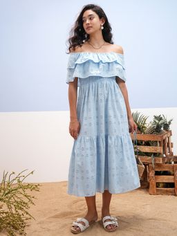 VISHUDH - Blue Cotton Self Design Dress