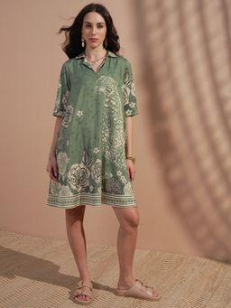 VISHUDH - Green Polyester Blend Printed Dress