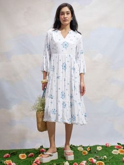 VISHUDH - White Viscose Rayon Floral Dress