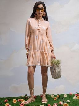 VISHUDH - Peach Viscose Rayon Floral Dress