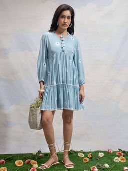 VISHUDH - Blue Viscose Rayon Floral Dress