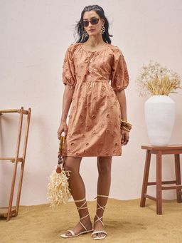 VISHUDH - Brown Cotton Embroidered Dress