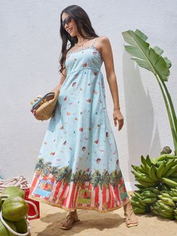 VISHUDH - Blue Viscose Rayon Graphic Dress