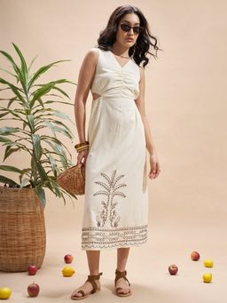 VISHUDH - Cream Viscose Rayon Embroidered Dress