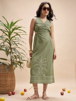 VISHUDH - Green Viscose Rayon Embroidered Dress