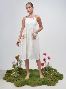 VISHUDH - Off White Cotton Blend Embroidered Dress