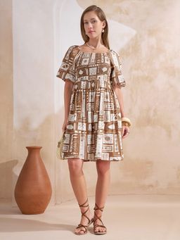 VISHUDH - Taupe Viscose Rayon Printed Dress