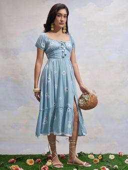 VISHUDH - Blue Viscose Rayon Floral Dress